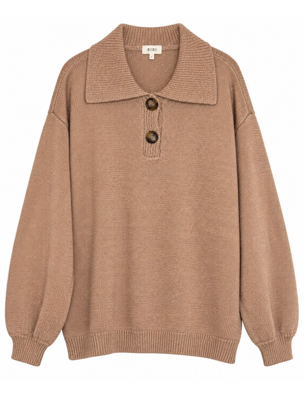 BIBI Tan Collared Button Pullover Sweater Large Oversized Grandpa Coastal Preppy